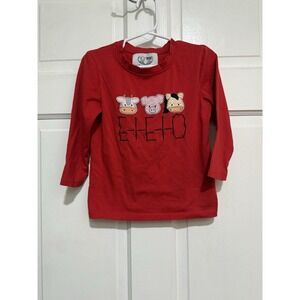 Kids 3T Farm Barn Appliqué Red Long Sleeve Shirt Cow Pig Horse Old McDonald